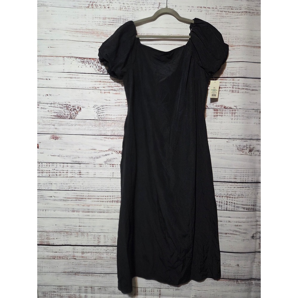 A New Day Womens XXL Black Puff Sleeve Smocked Back Midi Dress with Pockets